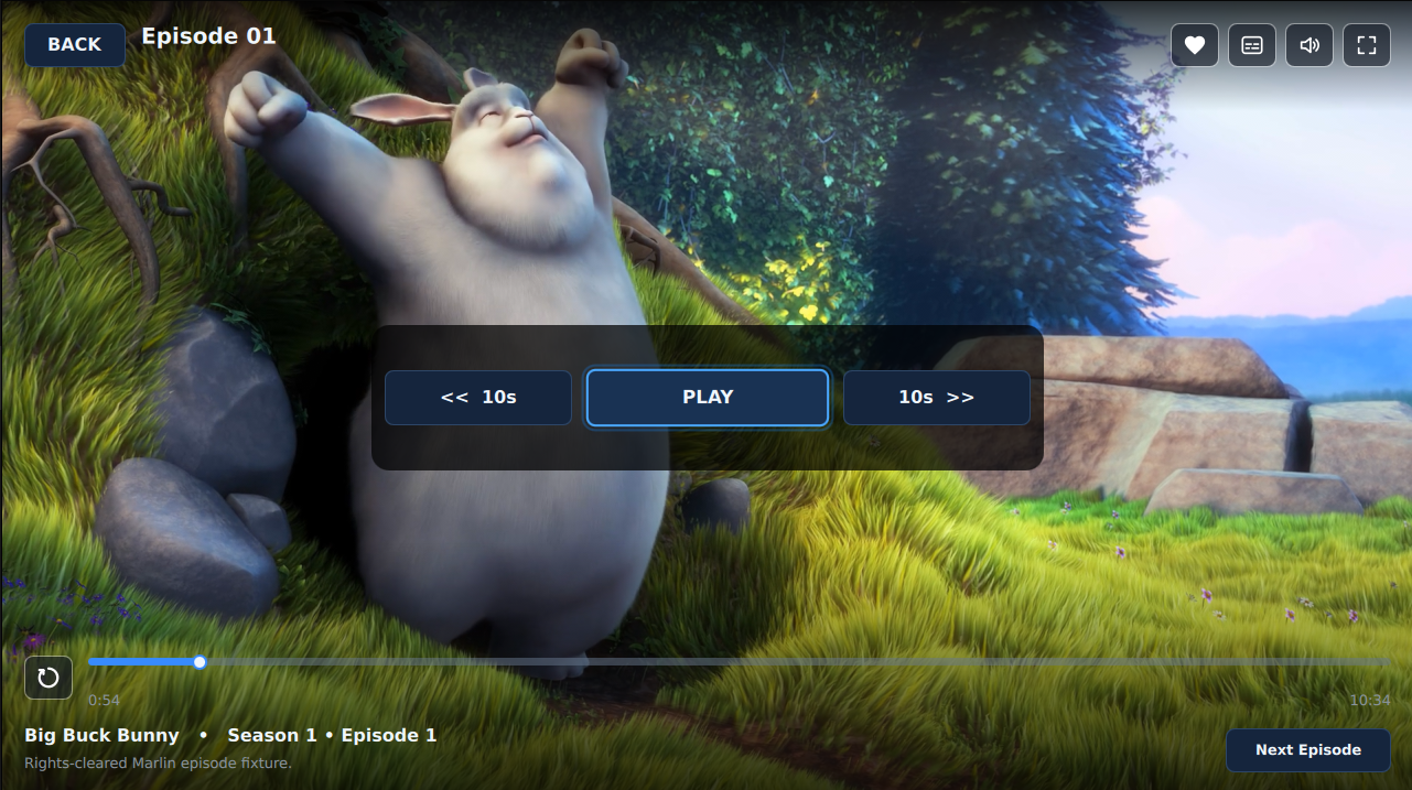 Marlin VOD playback screen showing Big Buck Bunny